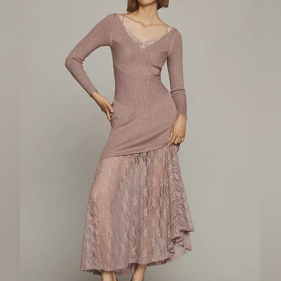 By Anthropologie Dresses & Skirts - By Anthropologie (NWT) V-neck lace bottom Twofer long sleeve lace skirt dress